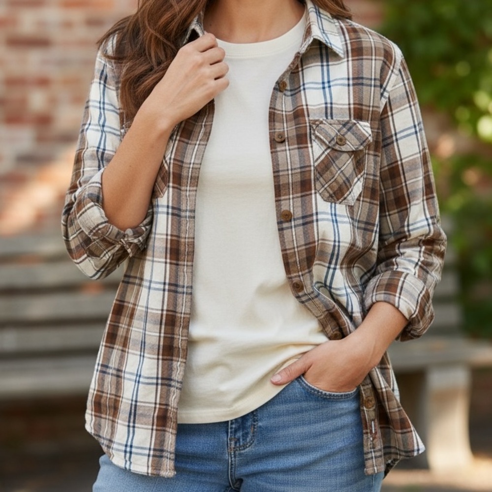 Superdry Brown Plaid Button Down Shirt - 3/4 Sleeve